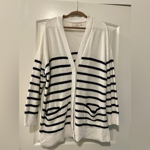 LOFT | Women’s Striped Open Front Cardigan Sweater | 100% Cotton - Picture 1 of 7